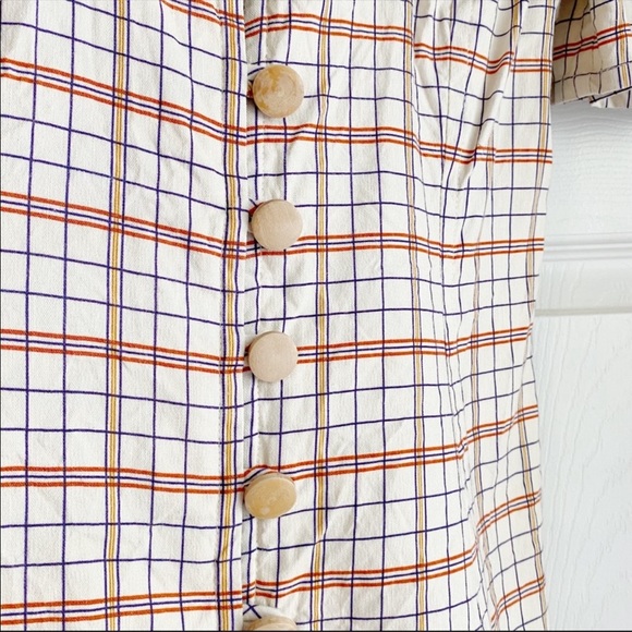 Nicholas Plaid Button Front Puff Sleeve Mini Dress Linen Blend Cream Red Size 2 - Picture 9 of 12